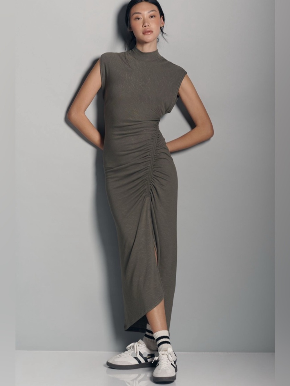 NEW! Anthropologie Daily Practice Mock Neck Ruched Midi Dress - Brown - Small